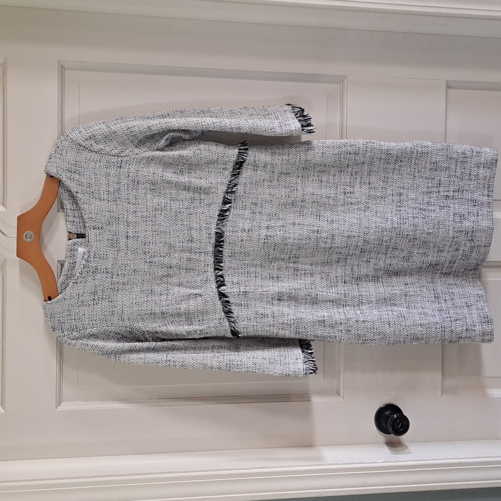 Sara Campbell Tweed Fringe Shift Dress Made in USA Lined 3/4 Sleeve Classy